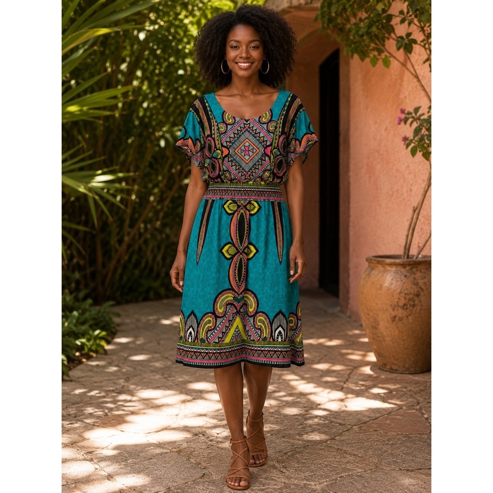 Calessa‎ Bohemian Teal Midi Dress Aztec Resort Vibrant Chic Sz L Elastic Waist